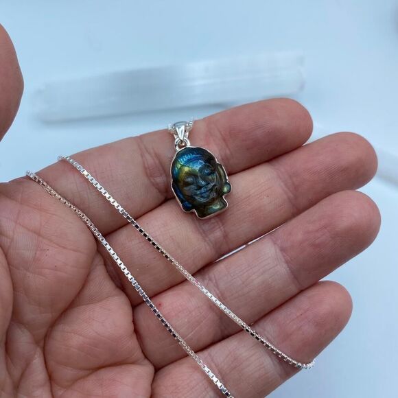 Buddha Carved Labradorite Solid Sterling Silver Necklace - Picture 7 of 8